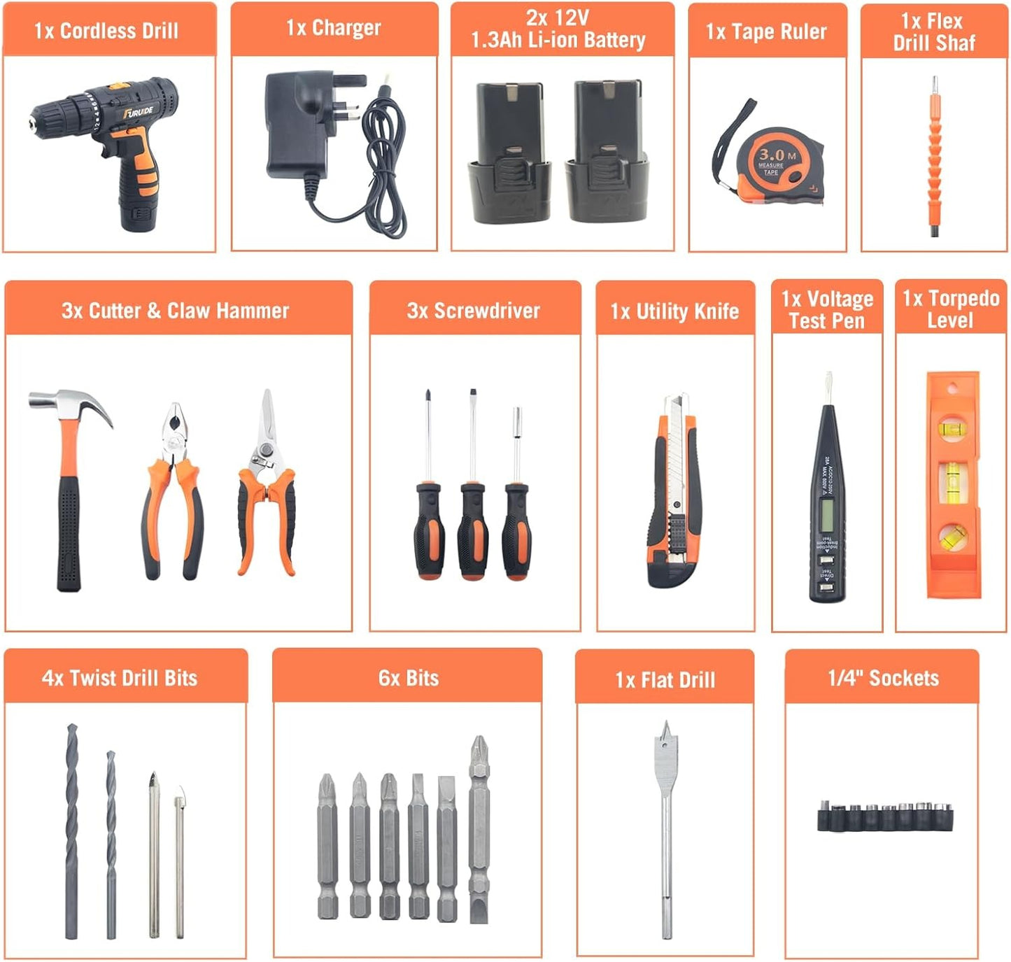 Cordless Drill Tool Set Power Drill for Home, Office & Garden | عدة أدوات احترافية ٣٤ قطعة لاسلكية